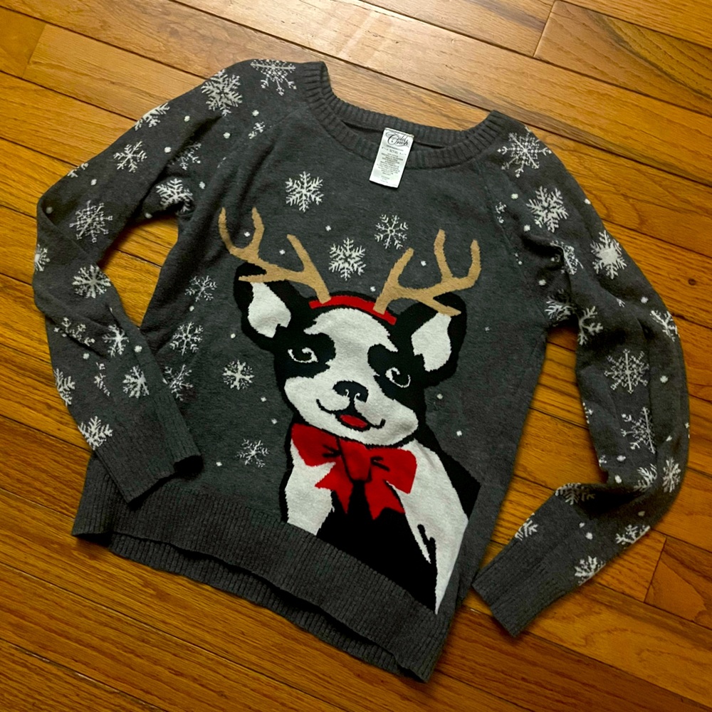 Christmas Sweater Girls Size 7/8 Cold Crush Snowflake Holiday Pug with Antlers